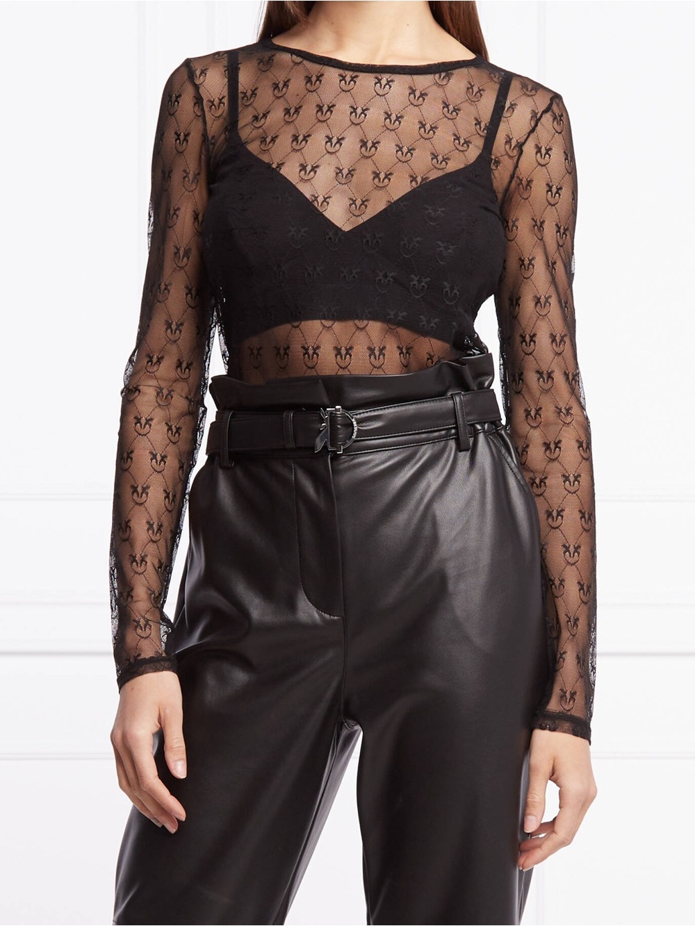 PINKO BERLINO 4 Black Lightweight Sheer Lace Long Sleeve Slim Blouse T-Shirt Top